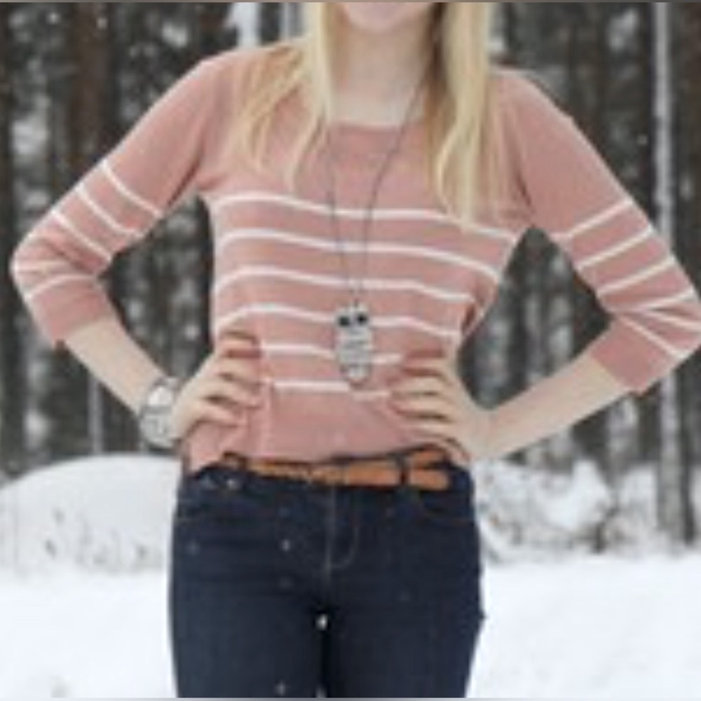 H&M pale pink peach stripped 3/4 sleeve soft sweater sz med